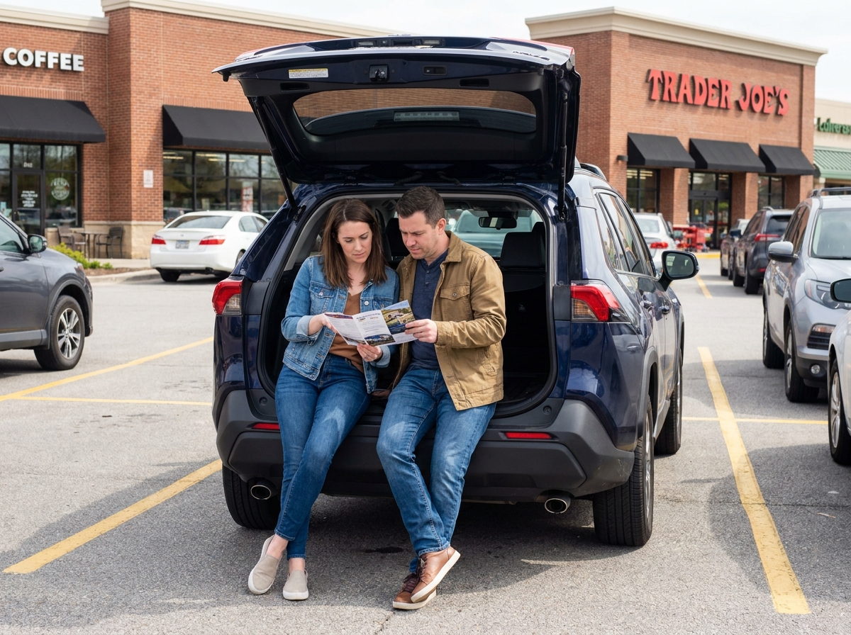 Couple consultant une brochure près d'un SUV hybride bleu foncé dans un parking, coffre ouvert