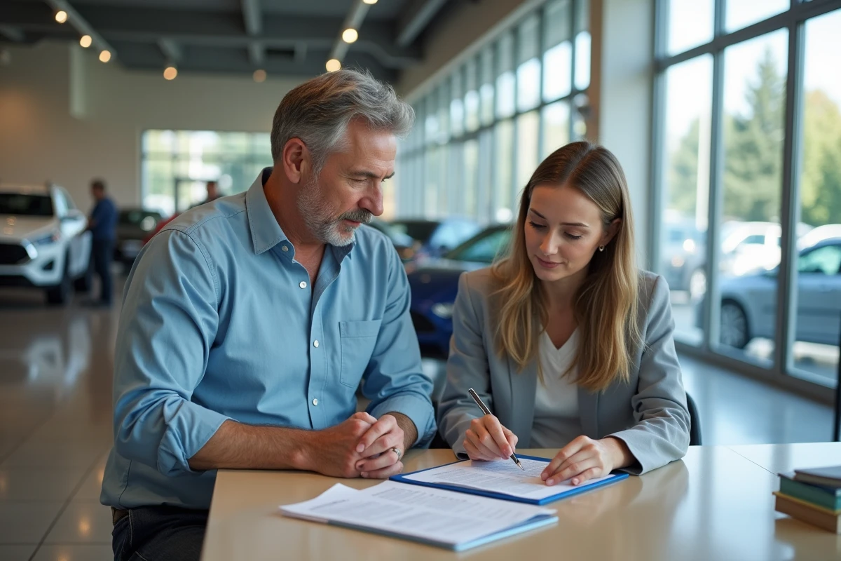 Couple attentif examinant des documents dans un showroom automobile