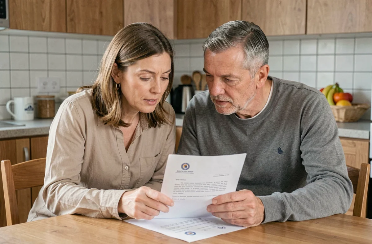 Couple consultant une lettre officielle de résultats de permis de conduire assis à la table de cuisine