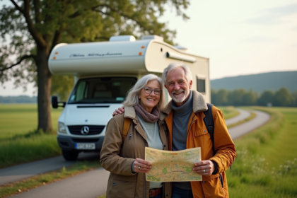 Couple retraité devant un camping-car vintage dans la nature