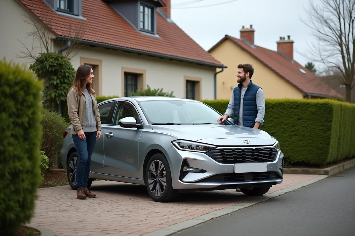 Couple heureux devant leur nouvelle voiture achetée avec des aides gouvernementales dans un quartier résidentiel