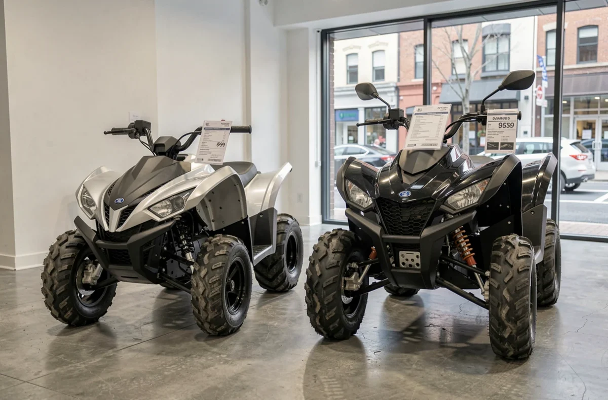 Deux modèles de quads côte à côte dans un showroom avec fiches techniques, comparaison des coûts d'assurance selon le modèle
