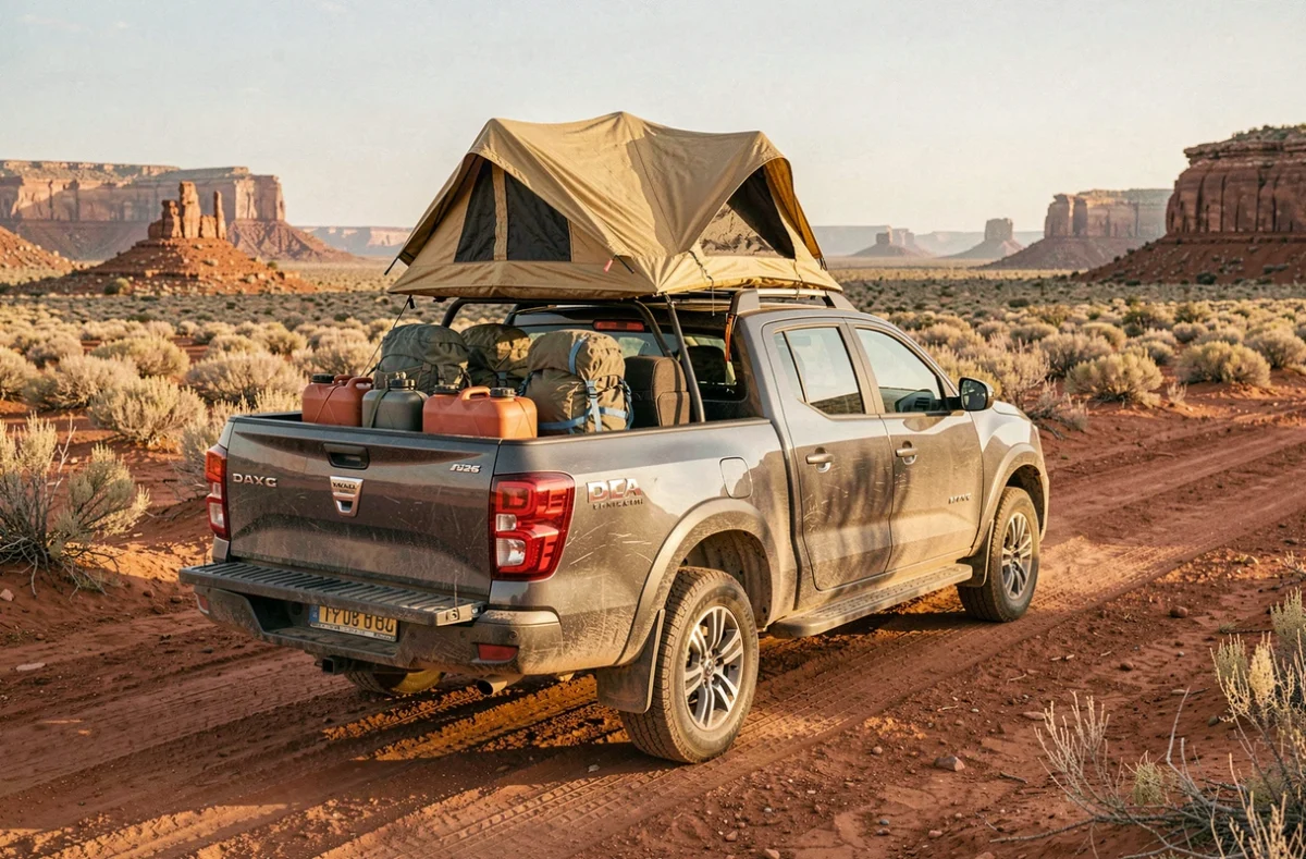 Dacia Pick Up 2026 chargé de matériel de camping et d'aventure sur un plateau désertique rouge, vue arrière grand angle