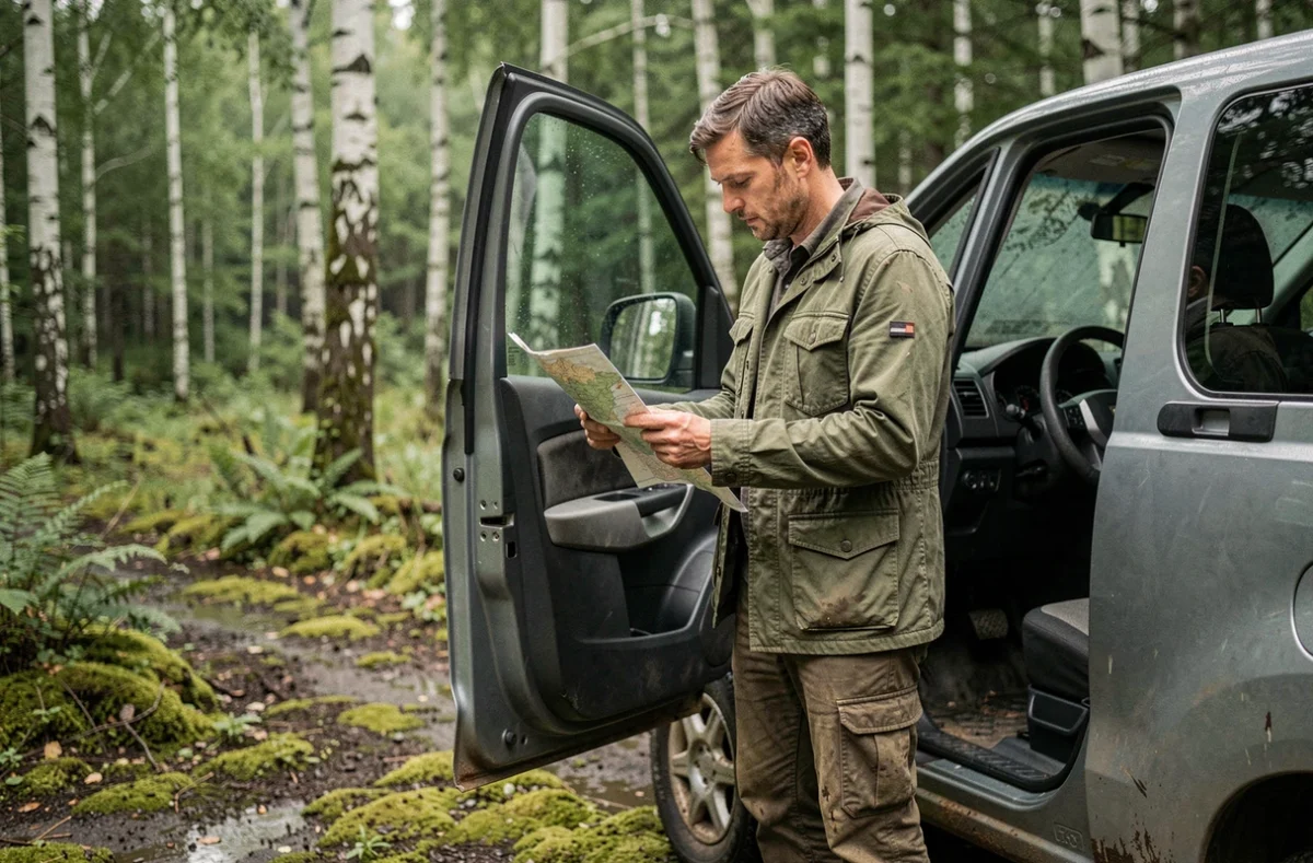 Homme en veste de terrain consultant une carte topographique à côté d'un Dacia Pick Up 2026 dans une clairière forestière