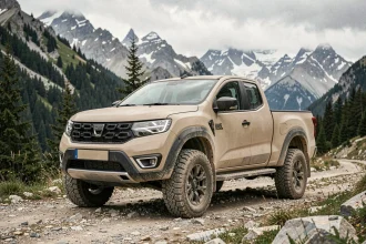 Dacia Pick Up 2026 sur un sentier montagneux rocheux avec pneus tout-terrain, vue 3/4 avant en pleine nature alpine