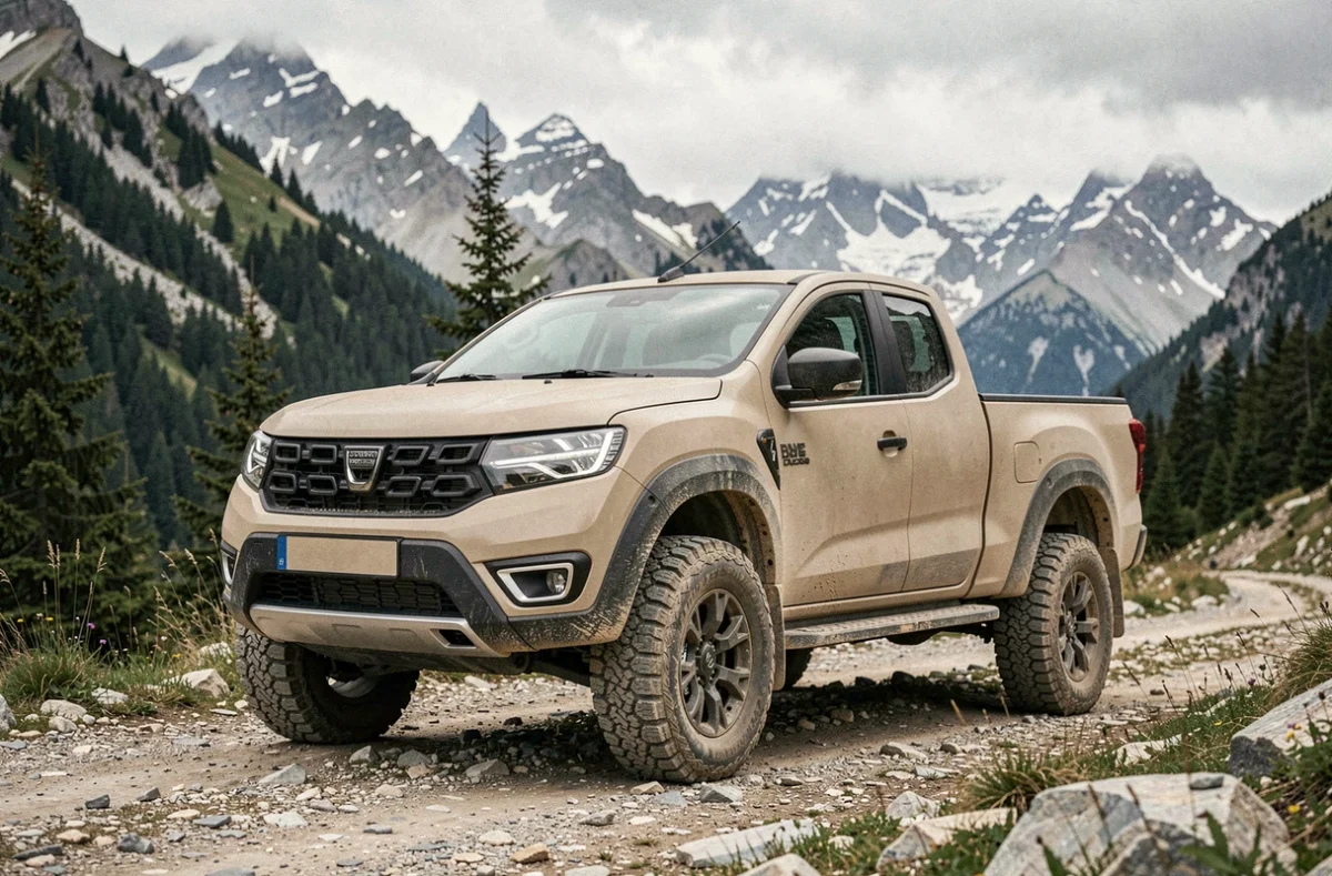 Dacia Pick Up 2026 sur un sentier montagneux rocheux avec pneus tout-terrain, vue 3/4 avant en pleine nature alpine