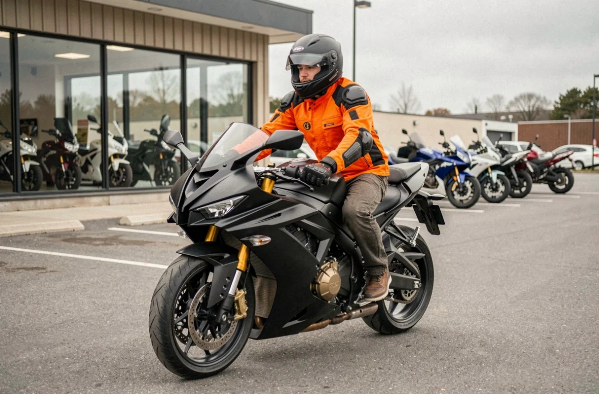 Jeune motard débutant assis sur une moto sportive puissante devant un concessionnaire moto
