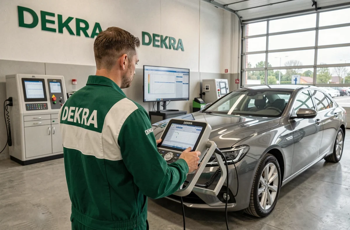 Technicien DEKRA utilisant un terminal de diagnostic informatisé sur une berline dans le centre de Toulouse