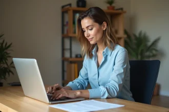 Femme effectuant une demande de carte grise en ligne depuis son bureau à domicile
