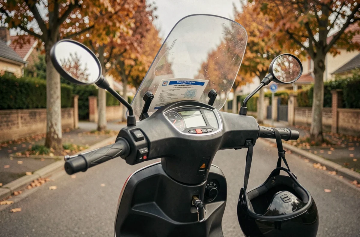 Détail du tableau de bord d'un scooter avec attestation d'assurance visible, scooter garé dans une rue résidentielle française