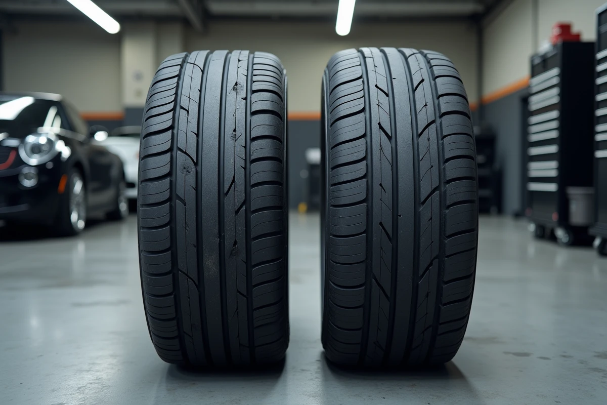 Comparaison détaillée de la bande de roulement entre un pneu neuf et un pneu usagé posés sur le sol d'un garage