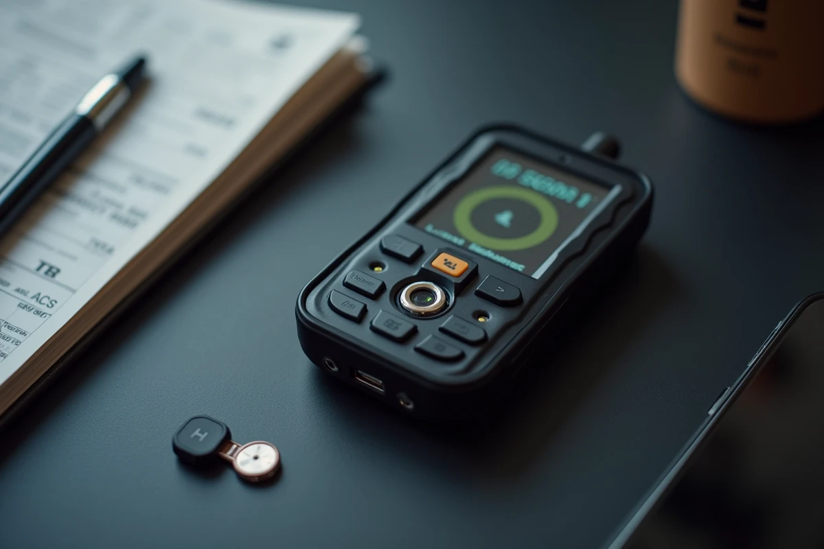 Détecteur de traceur GPS moderne posé sur un bureau avec une mini balise et un smartphone