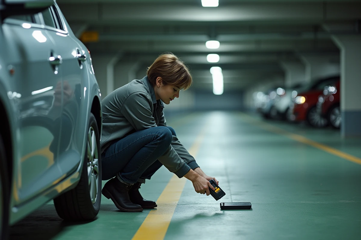 Femme utilisant un détecteur de balise GPS sous une voiture dans un parking souterrain