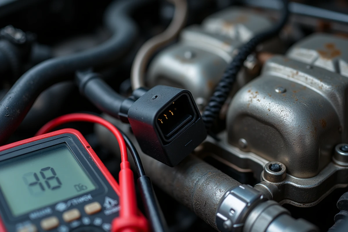 Gros plan du capteur de recopie de turbo HDi Peugeot avec multimètre numérique pour diagnostic du code P2563