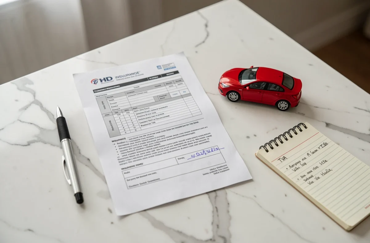 Vue aérienne d'un document d'assurance voiture, d'un stylo et d'un carnet de notes sur un bureau en marbre blanc