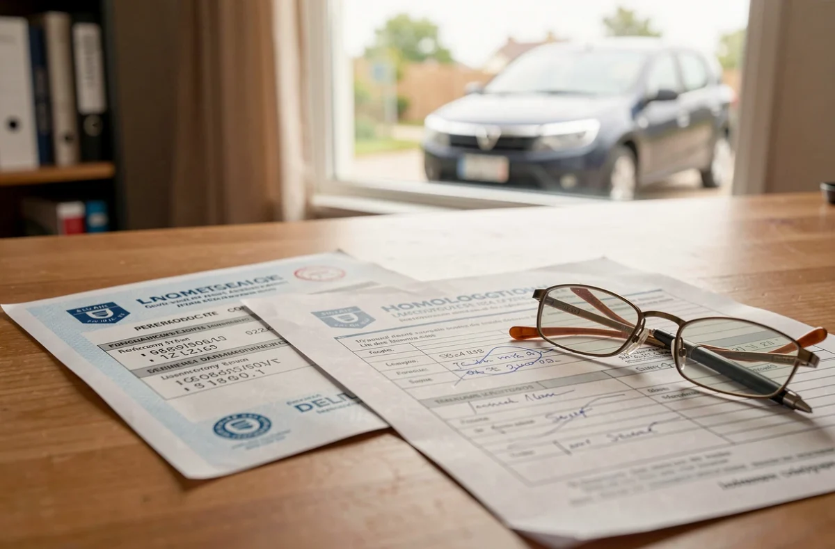 Documents d'assurance et d'homologation pour un camping-car Dacia posés sur un bureau, essentiels pour la mise en conformité du véhicule