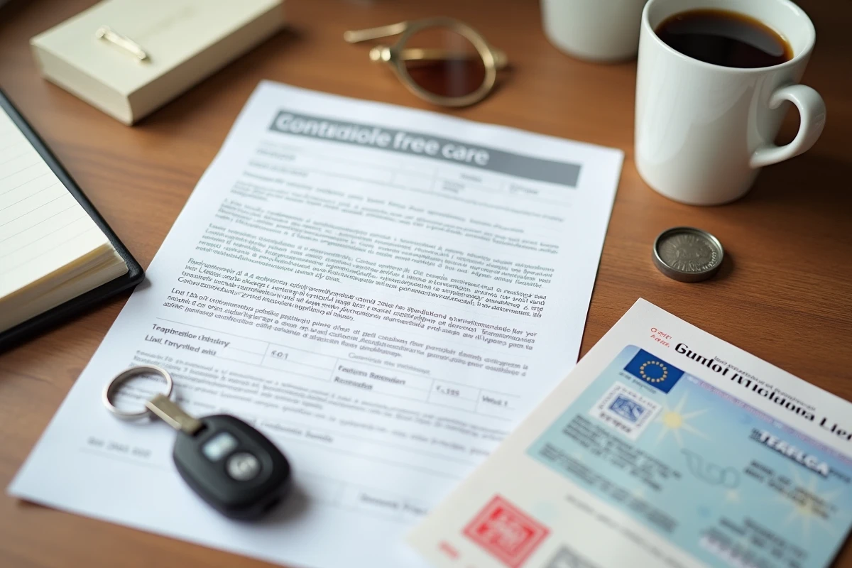Documents de location de voiture en Italie avec contrat, permis de conduire et avis d'amende sur une table en bois