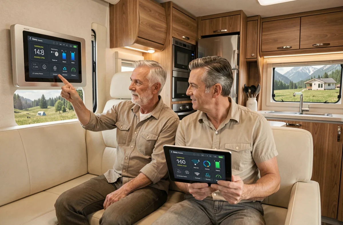 Couple utilisant un panneau de domotique connecté à l'intérieur d'un camping-car moderne pour contrôler les équipements intelligents à bord