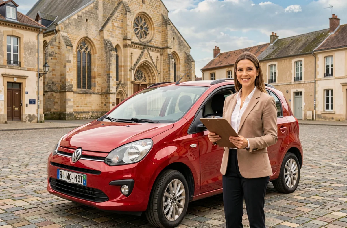 Instructrice de conduite de la Driving School St Antoine à La Ferté-Bernard posant devant une voiture d'auto-école dans le centre-ville