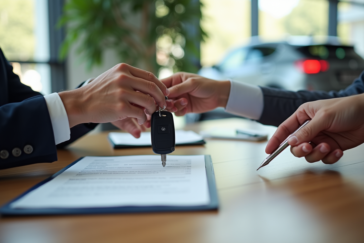 Main échangeant clés de voiture et signature de contrat