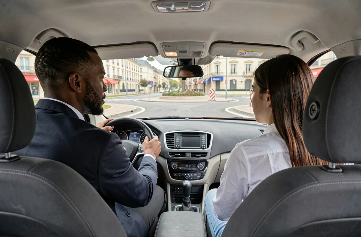 Moniteur de l'école de conduite Mankour au Mans supervisant une élève au volant lors d'une leçon dans la ville