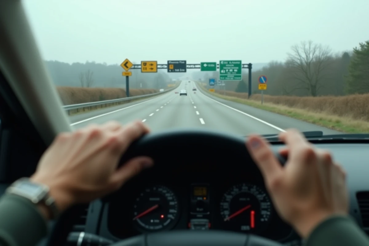 Vue depuis l'habitacle d'un véhicule face à un embranchement entre route gratuite et péage autoroutier