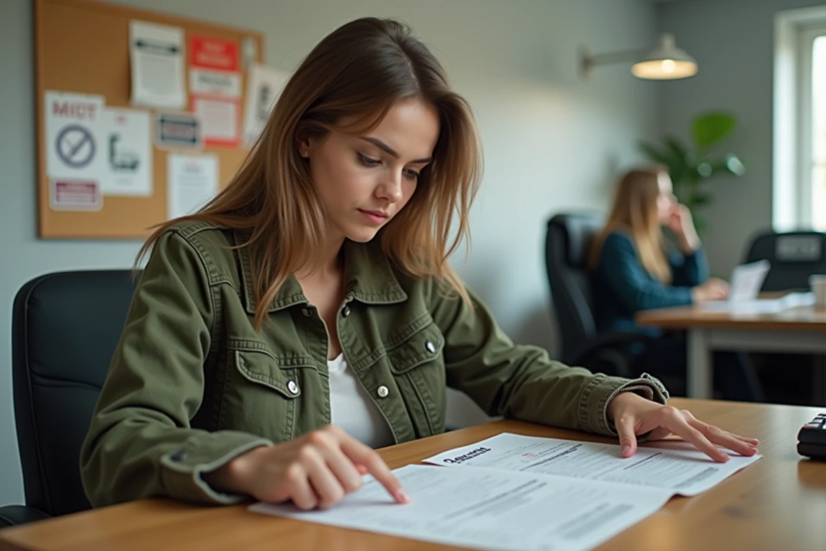 Jeune femme consultant une feuille de tarifs dans une auto-école pour comparer le coût des heures de conduite