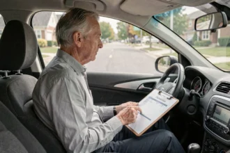 Examinateur du permis de conduire notant sur une grille d'évaluation à bord d'un véhicule d'examen en 2026
