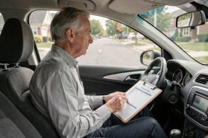 Examinateur du permis de conduire notant sur une grille d'évaluation à bord d'un véhicule d'examen en 2026