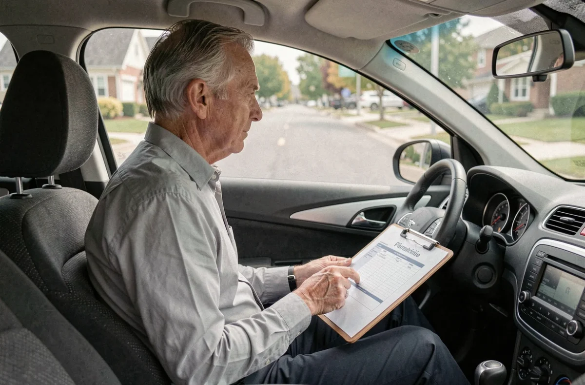 Examinateur du permis de conduire notant sur une grille d'évaluation à bord d'un véhicule d'examen en 2026