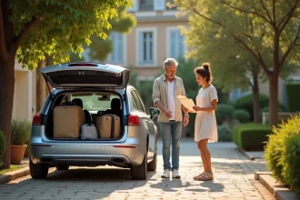 Famille française préparant ses bagages pour un départ en week-end prolongé sur autoroute gratuite