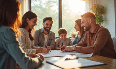 Famille souriante signant une assurance dans un salon lumineux