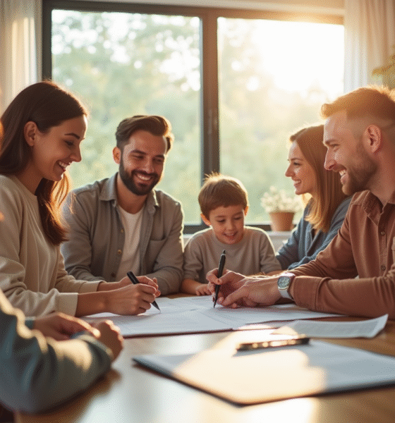 Famille souriante signant une assurance dans un salon lumineux