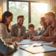 Famille souriante signant une assurance dans un salon lumineux