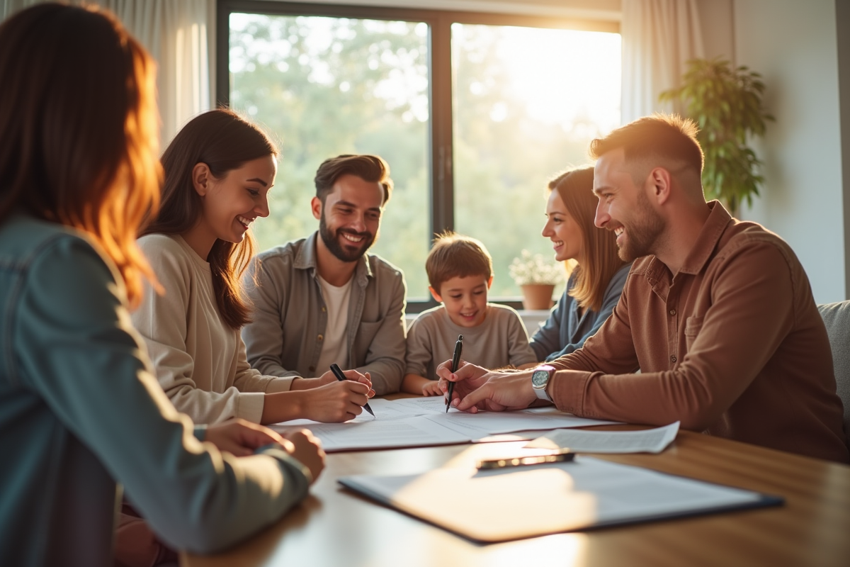 Famille souriante signant une assurance dans un salon lumineux