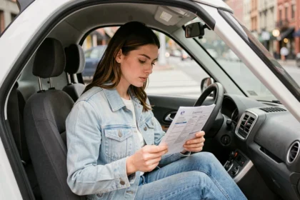 Jeune femme comparant des documents d'assurance voiture sans permis dans l'habitacle d'une petite citadine