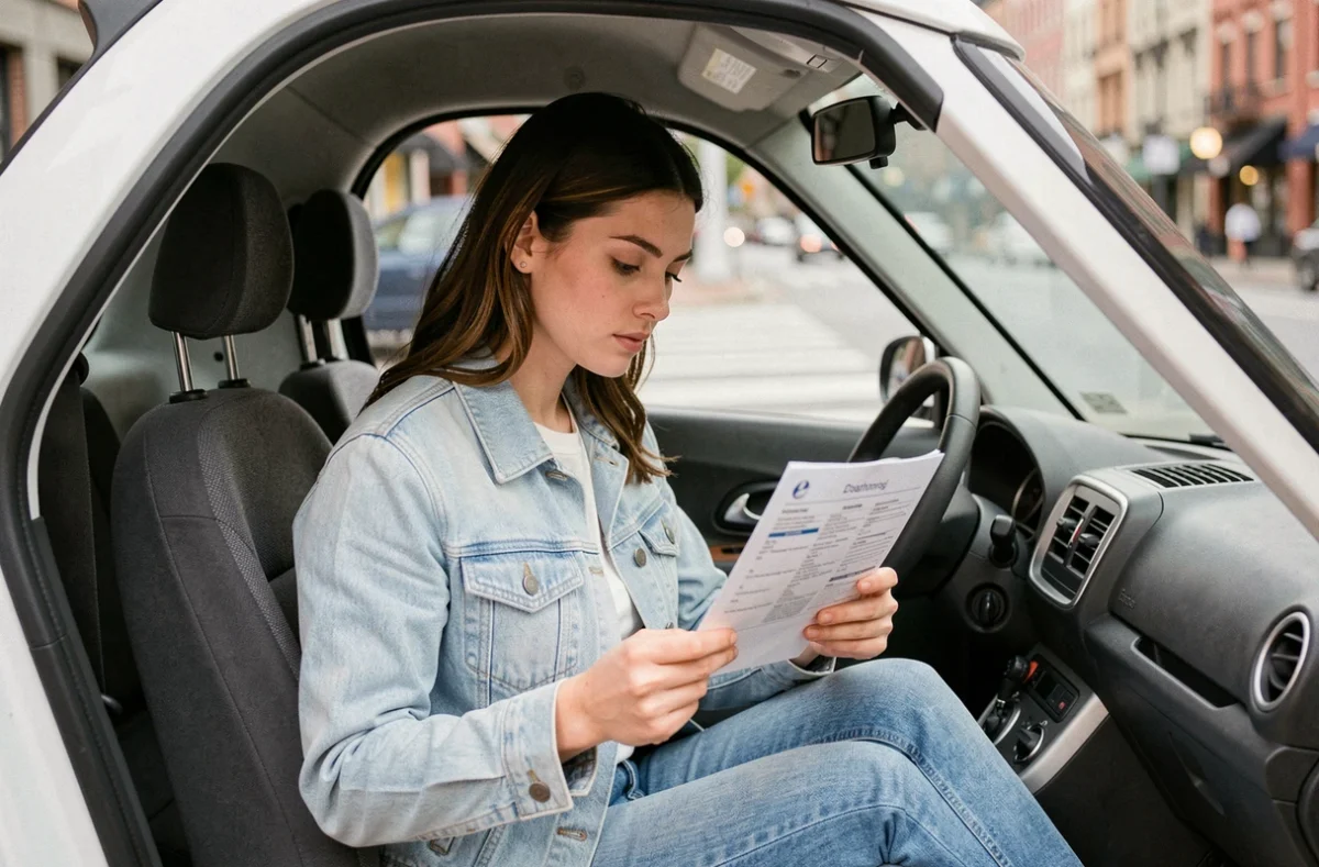 Jeune femme comparant des documents d'assurance voiture sans permis dans l'habitacle d'une petite citadine