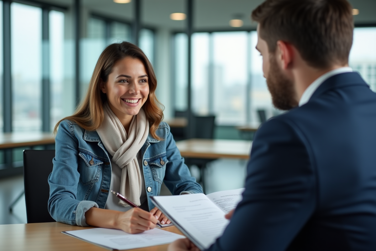 Femme souriante en agence d'assurance avec conseiller