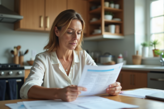 Femme d'affaires examine des documents d'assurance à la maison