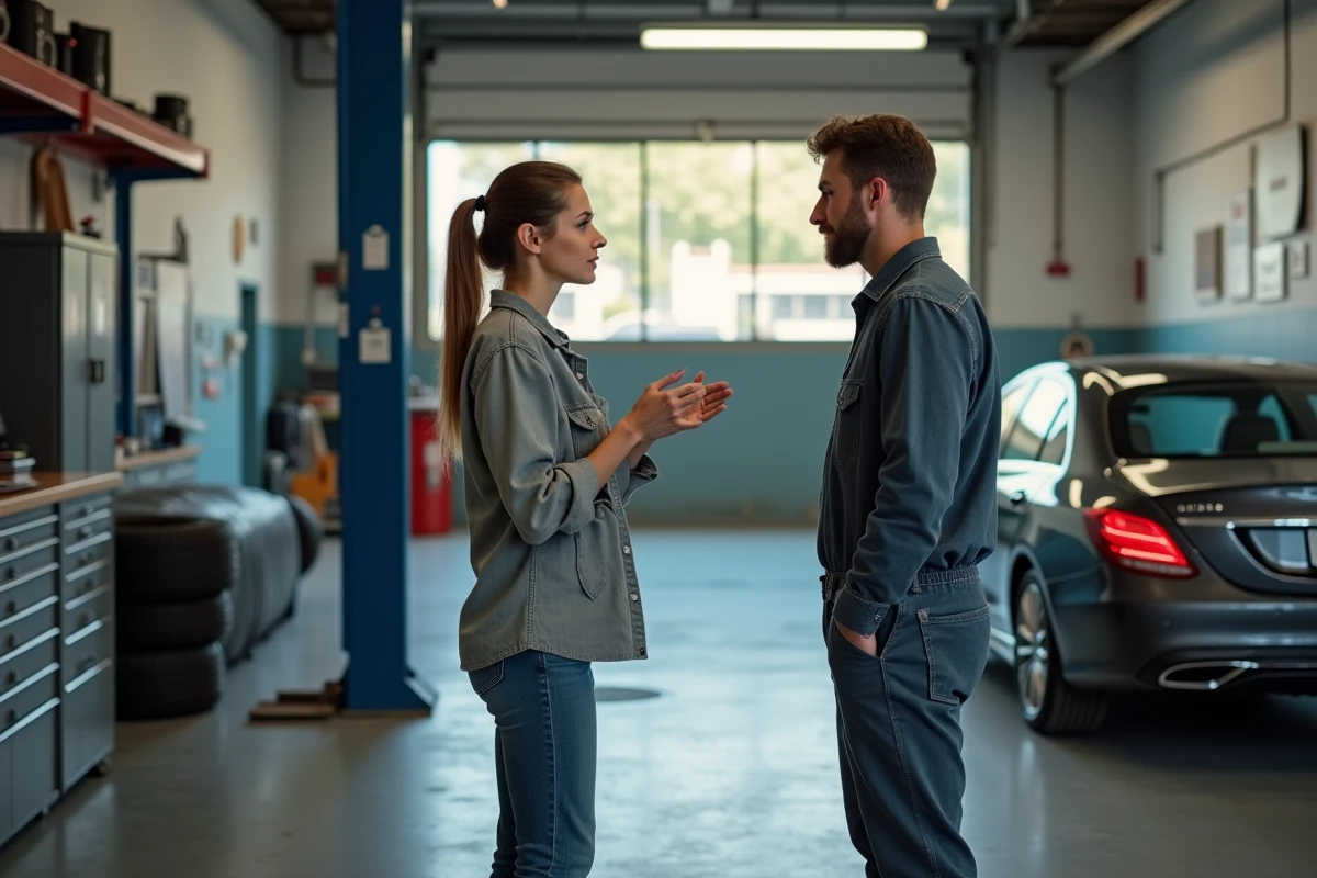 Jeune femme discute avec mécanicien dans un garage auto