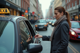 Femme hésitante devant un taxi urbain en ville