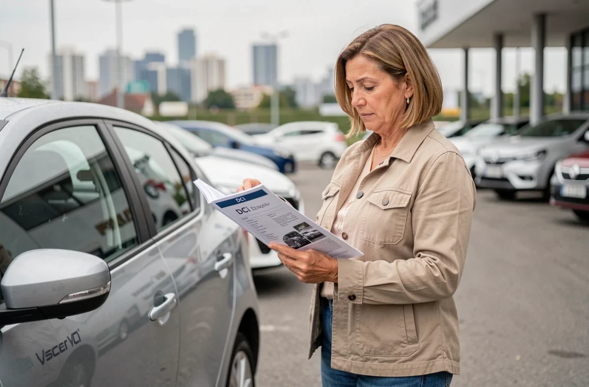 Femme consultant une brochure technique sur les moteurs DCi fiables devant une voiture Renault dans une concession