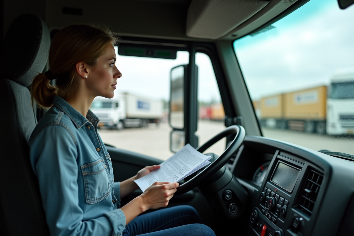 Femme dans la cabine d’un camion français regardant des documents