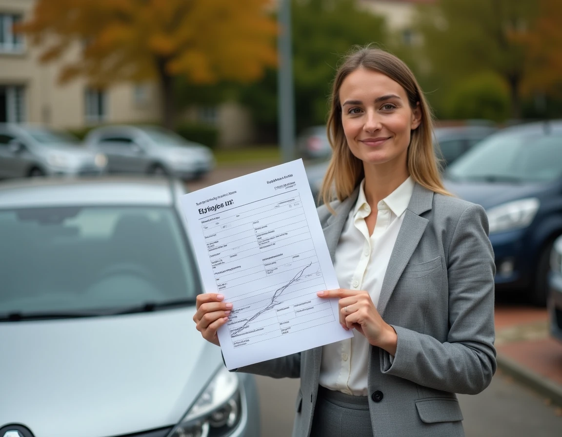 Femme tenant une carte grise barrée devant une voiture lors d'une vente entre particuliers