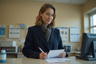 Femme remplissant un formulaire de changement d'adresse au bureau de poste