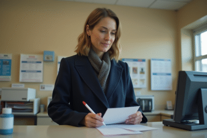 Femme remplissant un formulaire de changement d'adresse au bureau de poste