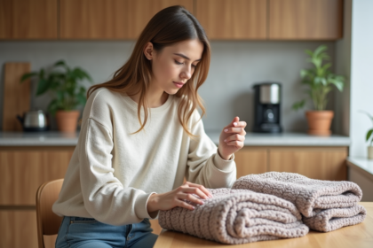 Jeune femme choisissant entre deux couvertures cozy