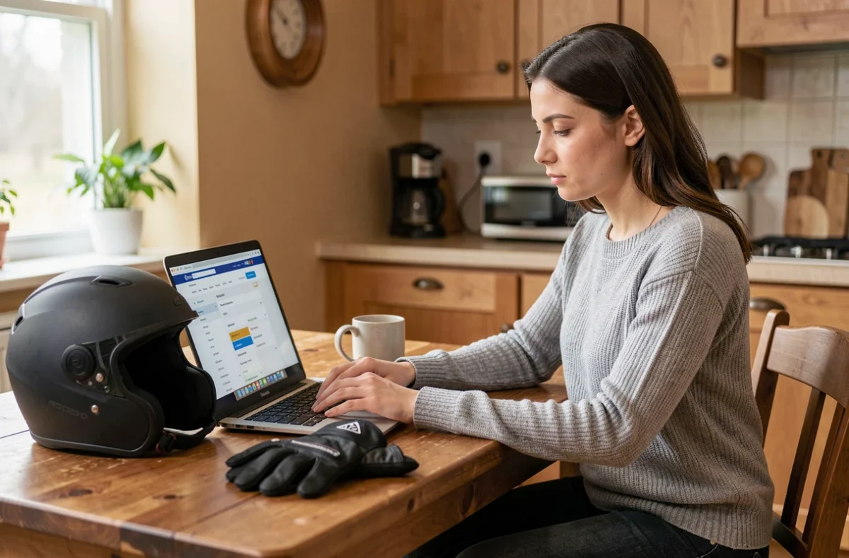 Femme comparant des formules d'assurance moto sur un ordinateur portable à la maison, avec casque et gants posés sur la table