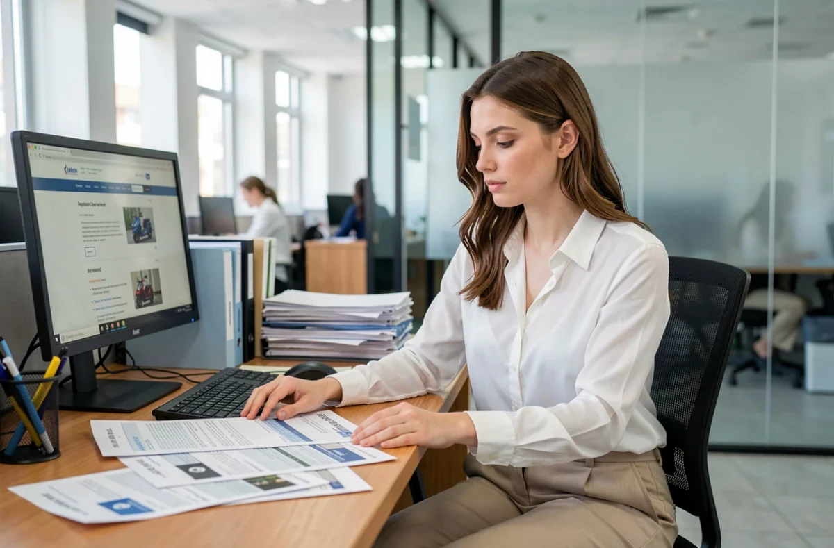 Femme comparant des devis d'assurance scooter 125 dans un bureau d'agence d'assurance