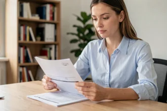 Femme comparant des offres d'assurance auto sur des documents papier à son bureau à domicile
